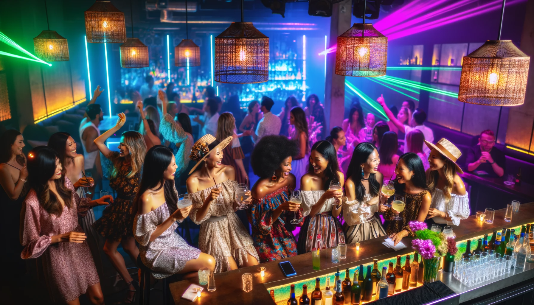 DALL·E 2023-11-20 15.01.15 – A bachelorette party celebration in a vibrant nightclub in Cartagena, Colombia. The image shows a group of women of diverse descents (Caucasian, Hispa DALL·E 2023-11-20 15.01.15 - A bachelorette party celebration in a vibrant nightclub in Cartagena, Colombia. The image shows a group of women of diverse descents (Caucasian, Hispa